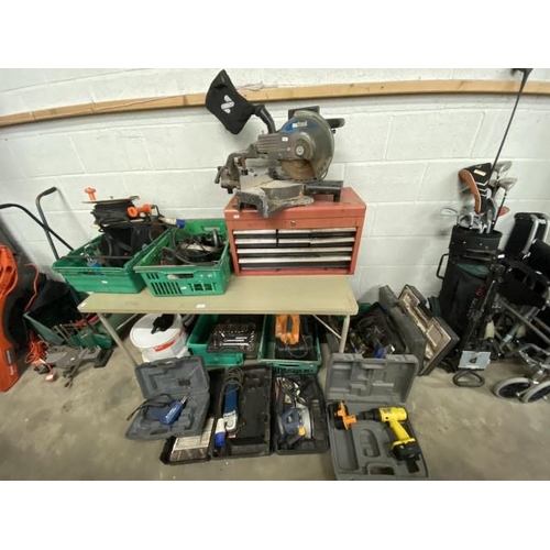 2 - Assorted workshop tools including Nutool MSR250 mitre saw, Draper K199A, router, metal tool box etc ... 