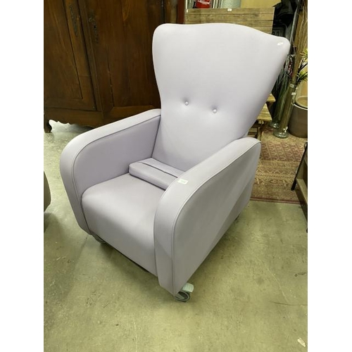 205 - Lilac faux leather armchair/wheelchair (with handle to back and wheels) 113H 70W 92D