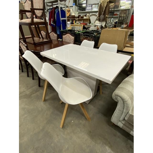 212 - White gloss contemporary kitchen table 75H 130W 80D and 4 Eames style chairs