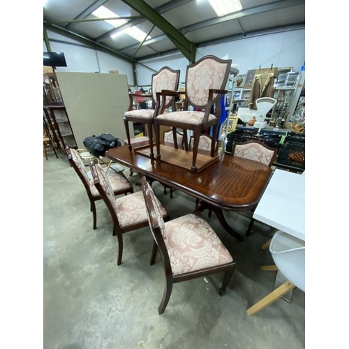 213 - Bridgecraft mahogany extending dining table 75H 190-235W 98D with one leaf and 8 chairs including 2 ... 