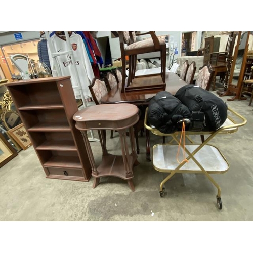 214 - Pine bookcase 103H 52W 18D, matching lamp table 73H 57W 38D, a gilt tea trolley etc