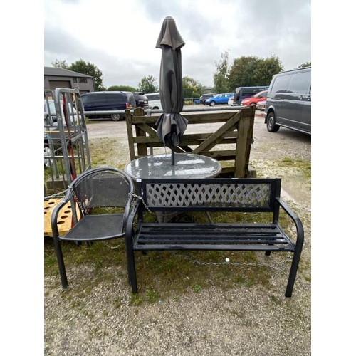 225 - Metal garden bench 76H 120W 45D, garden table 75H 102W with 2 metal chairs & parasol and base