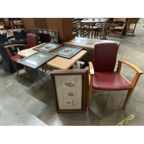 23 - Beech effect occasional table 67H 99W 64D and 2 beech framed chairs 55W etc