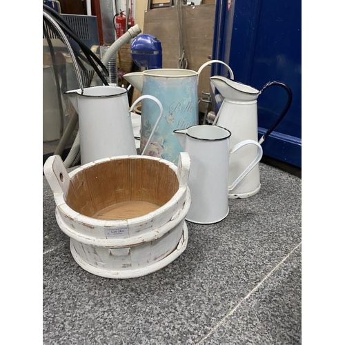 263 - 3 enamel jugs, pine planter & metal jug