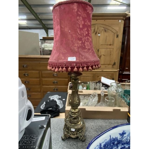 278 - Ornate brass table lamp with burgundy shade 81H