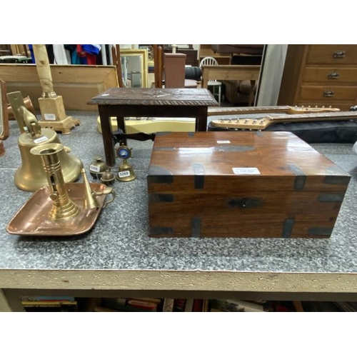 285 - Brass wall mounted bell, carved oak stool, brass & copper chamber stick, mahogany work box etc.