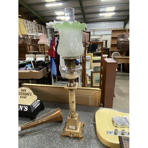 286 - Victorian oil lamp with marble column, cut glass font with globe and chimney