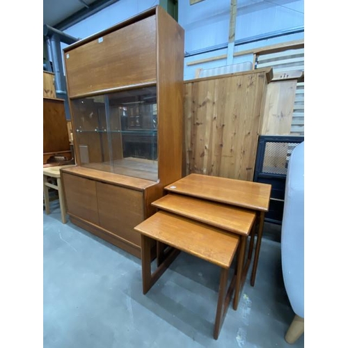 29 - Mid century teak drinks/cocktail cabinet 141H 91W 41D and a mid century teak nest of 3 tables 46H 58... 