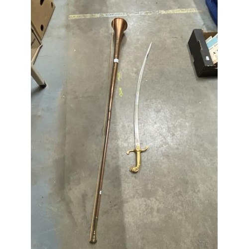 290 - Copper hunting horn & a Wilkinson's sword