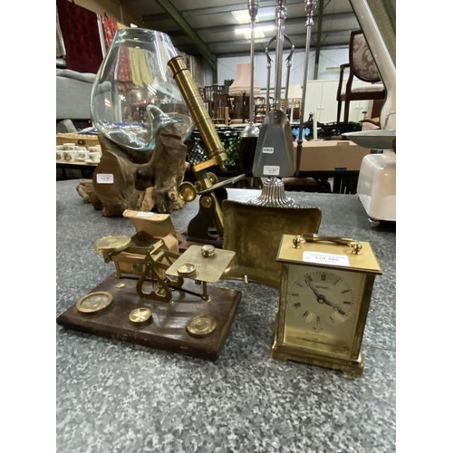 295 - Victorian brass bar limb microscope with glass slides, glass eye pieces etc., brass postal scales wi... 