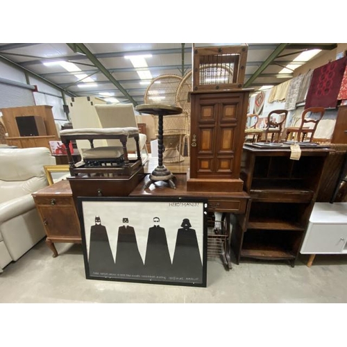 45 - Edwardian oak bureau (as found) 109H 55W 29D, Edwardian oak pot cupboard 72H 42W 45D, mahogany sofa ... 