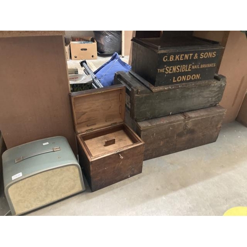 458 - 2 vintage tool chests 26H 61W 36D & 20H 62W 34D, shoe shine kit box with key (empty) and step advert... 