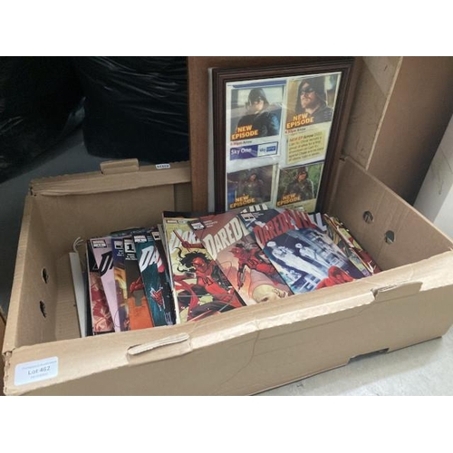 462 - Box of mainly Marvel Daredevil comics with 2 framed prints of advertisements for Arrow New Episodes