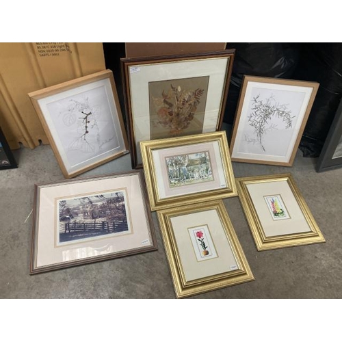 464 - 2 gilt framed watercolours of flowers signed Kim Atwooll 34H 29W, gilt framed water colour of a coun... 