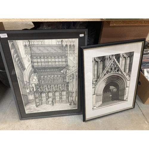 465 - Black & white framed print of a cathedral entrance 63H 50W & a black & white print by John Hutchinso... 