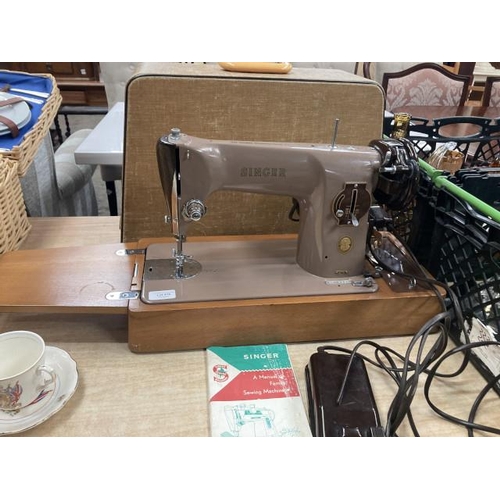 476 - Cased 201K Singer electric sewing machine E078330 with manual, foot pedal and power lead