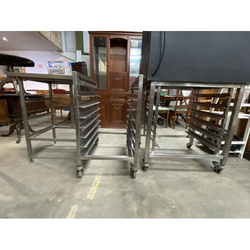 48 - 2 commercial stainless steel oven stands both with 6 tray shelves 91H 63W 77D & 88H 81W 64D and a st... 