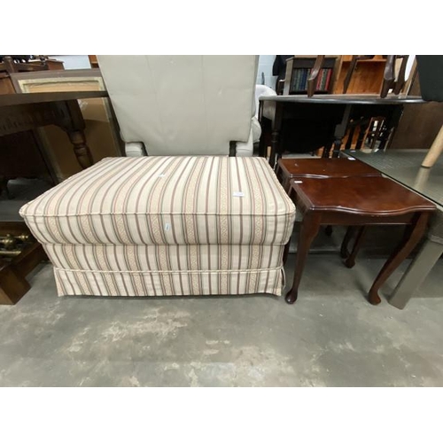 57 - Striped upholstered footstool 40H 92W 62D and 2 mahogany occasional tables 47H 38W 27D