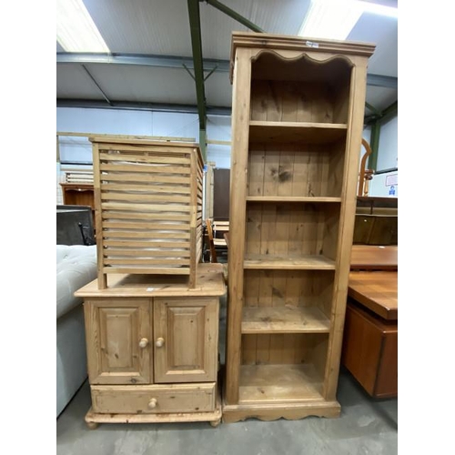 61 - Pine 2 door/1 drawer cupboard 72H 67W 43D, pine linen box 65H 45W 45D and a pine bookcase 183H 63W 2... 