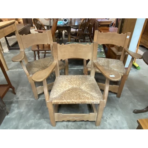 76 - 3 Dutch pine L.O.V. Oosterbeek chairs with rush seats (carved to back AB) 78W