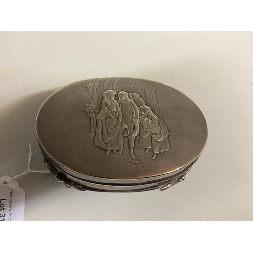 313 - Oval silver jewellery box on cabriole legs with embossed wedding scene to lid 11.5W 6H 8D (Hallmarks... 