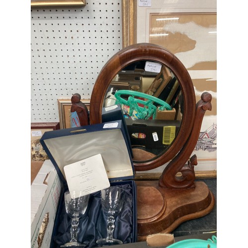 391 - Victorian mahogany dressing table mirror, box of car memorabilia, 2 boxes car books/ magazines, fram... 