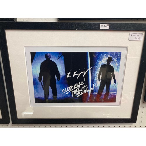 403 - 2 framed signed Freddie Krueger prints 43x33cm & framed Roy Scheider signed print 29x24cm (No certif... 