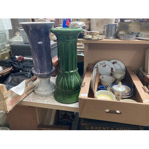 422 - Collection of pottery, cut glass, pair of bookends, kilt, 2 plant stands, jewellery box, key cupboar... 