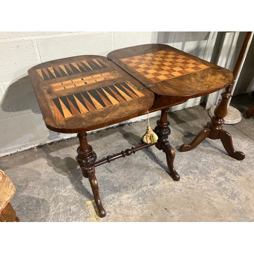 113 - Victorian walnut inlaid fold over games table 71H 65W 40D