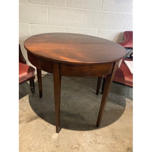 83 - Georgian mahogany demi lune fold over hall table 75H 88W 43-86D