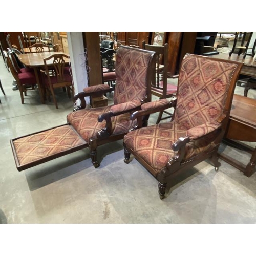 109 - Pair of Georgian mahogany reclining library armchairs with scroll arm supports and pull out leg rest... 