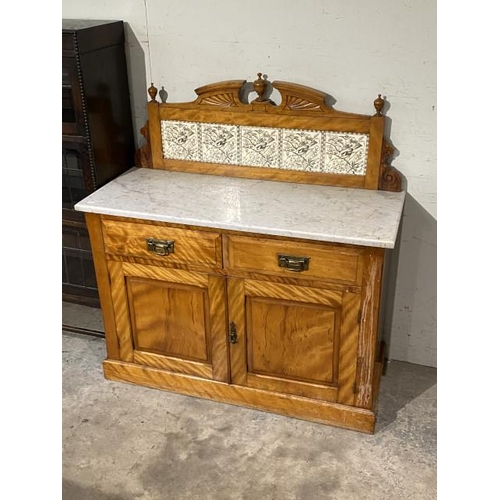 133 - Victorian satinwood, marble topped washstand with tiled back 105H 103W 44D