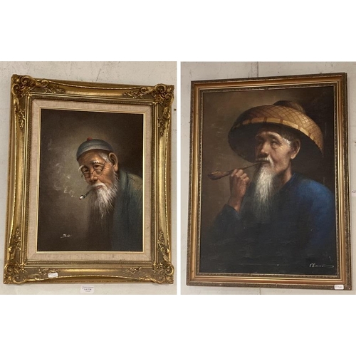 134 - Gilt framed, school of Chan, oil on canvas signed to bottom right 66 x 50cm & Gilt framed oil on can... 