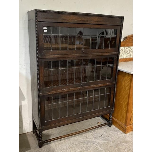 135 - Edwardian oak, leaded glazed 3 tier Globe Wernicke style library bookcase 123H 87W 28D