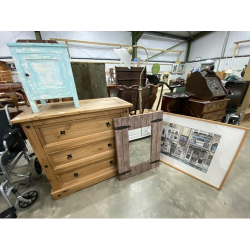 144 - Mexican pine three drawer chest 92H 92W 49D and a painted cupboard 46H 35W 30D etc