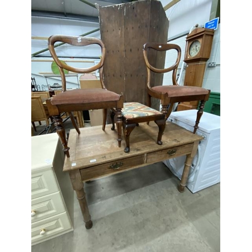 151 - Victorian oak writing table with two drawers 76H 120W 68D, 2 mahogany balloon back chairs and a maho... 