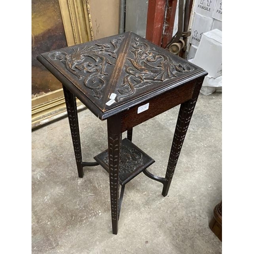 158 - Continental carved oak drop leaf corner table 67H 55W 28-54D