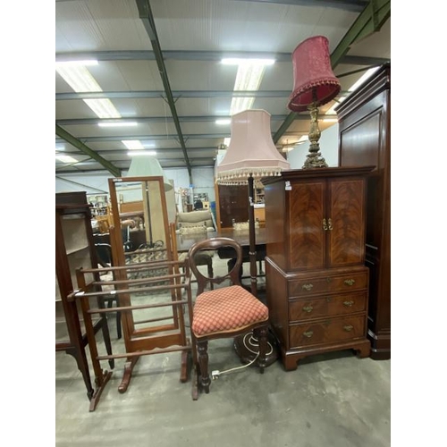 165 - Mahogany media cupboard 137H 63W 43D, teak framed cheval mirror 141H 43W, vintage mahogany towel rai... 