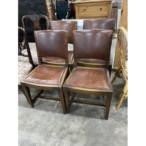 174 - 4 Edwardian oak and leather dining chairs 86H 49W 50D