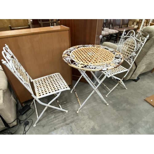 204 - Metal circular folding garden table 76H 70D and 2 folding chairs