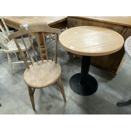 229 - Beech topped bistro table 75H 60cm diameter and a beech kitchen chair