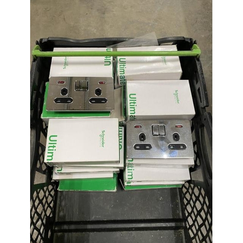 237 - Box of Schneider electric polished chrome with black interior 13A 2 gang sockets (new)