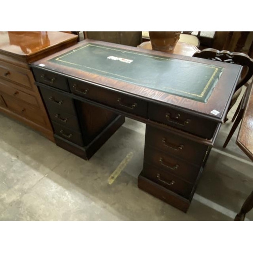 25 - Mahogany pedestal writing desk with green leather inset 78H 121W 61D