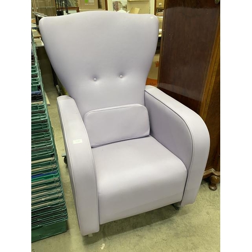 252 - Lilac faux leather armchair/wheelchair (with handle to back and wheels) 113H 70W 92D