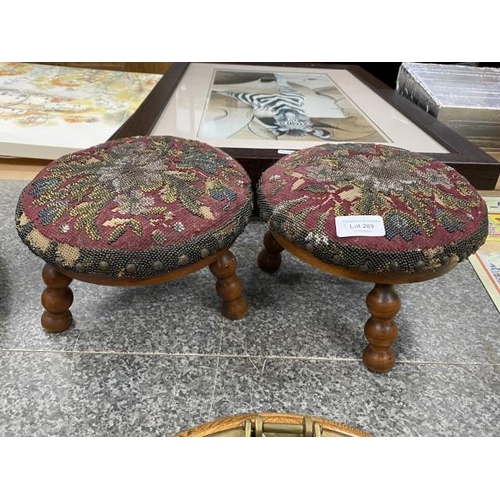 269 - Pair of bobbin turned beadwork stools 14H