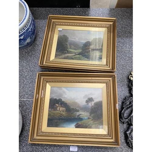 281 - Two antique gilt framed thatch cottage/ landscape scene oil paintings signed W.L 44x37cm (Some minor... 