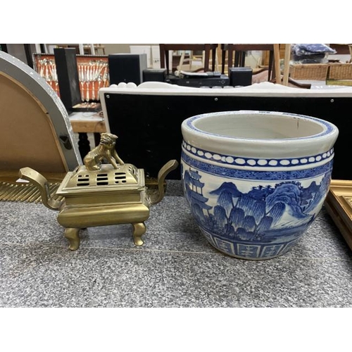 282 - Chinese brass incense burner with guardian lion to cover (One corner missing to cover) & Chinese blu... 