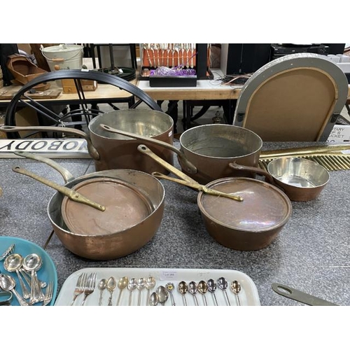 285 - 5 antique copper pans, various sizes