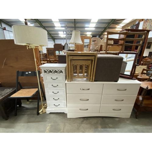 29 - Contemporary white 5 drawer chest 97H 43W 28D, brass standard lamp, bamboo nest of 3 tables 45H 44W ... 