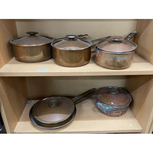 296 - 7 piece copper & brass cookware set (One lid handle as found)